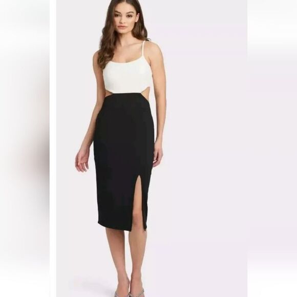 NWT Bebe Side Cut Out Midi Slit Dress - Black And White - Picture 5 of 9